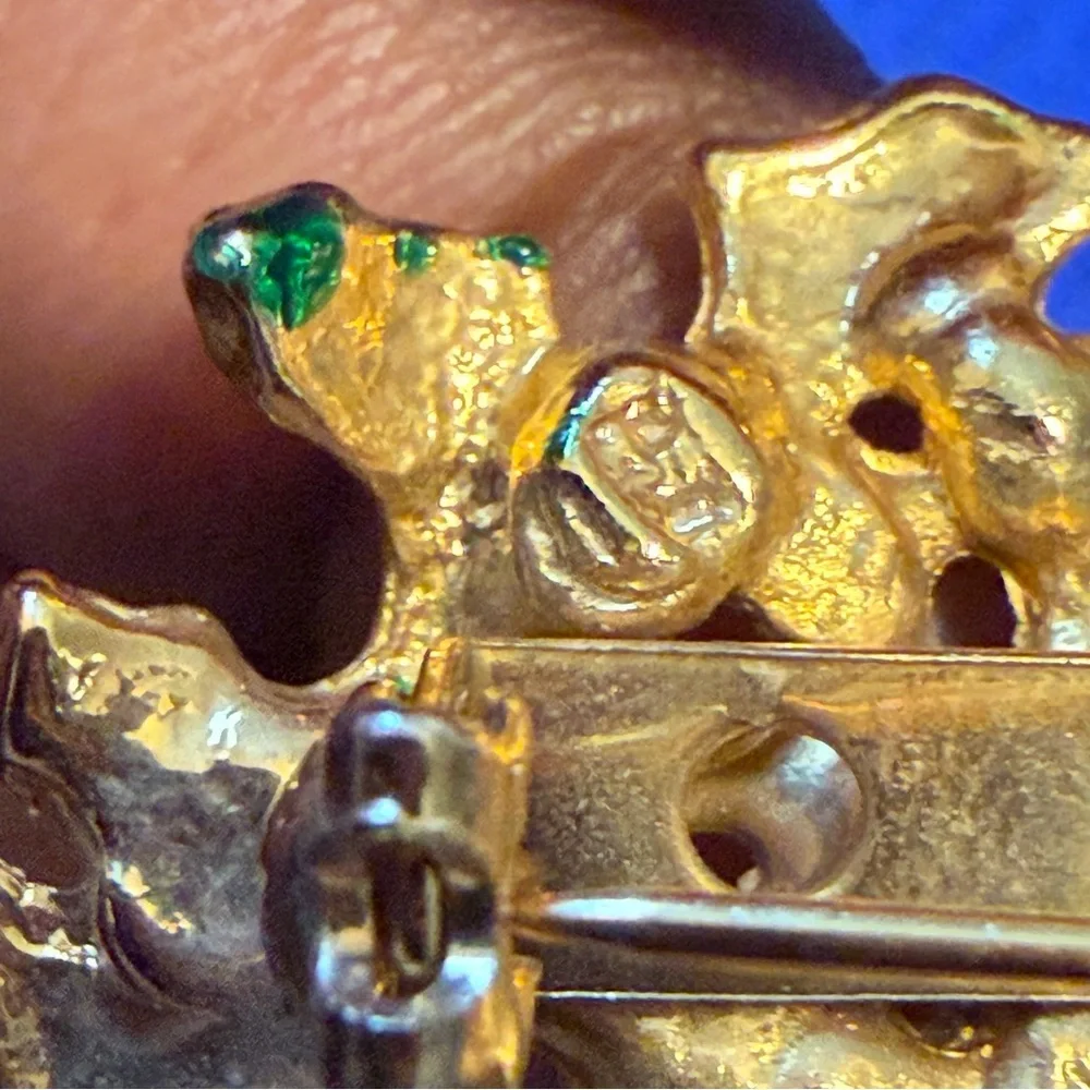 Festive  Gold and Green Bell Brooch with Pearls